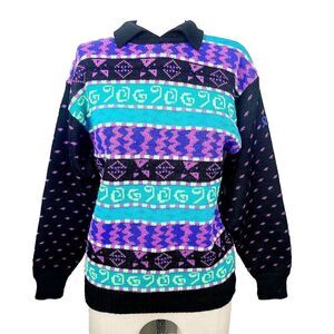 Vintage Demetre Ski Sweater S Black Fluorescent Multi‎ Wool Blend Knit Mock Neck